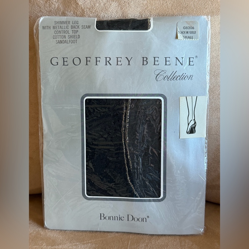 Vintage Geoffrey Beene Sz Small Black W/Gold Seamed Pantyhose